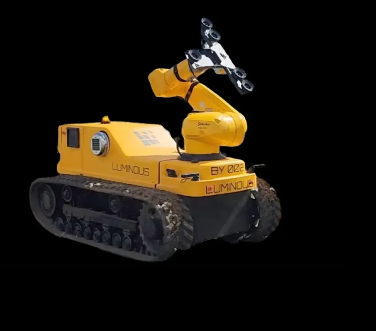 Install LUMI: a yellow tracked robot with a robotic arm and suction gripper