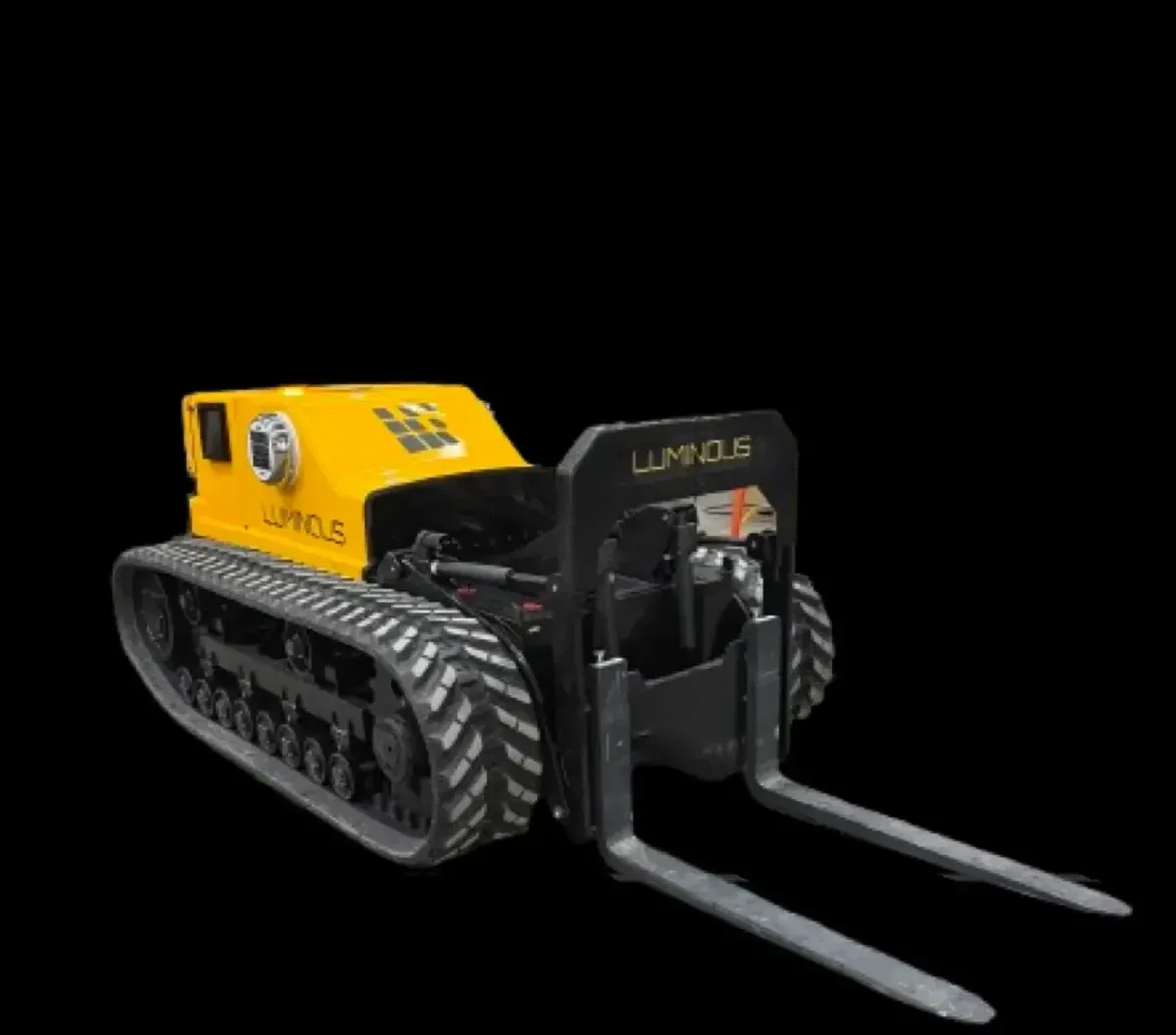 Pallet LUMI: a yellow tracked robot with a front frame and forks for carrying pallets