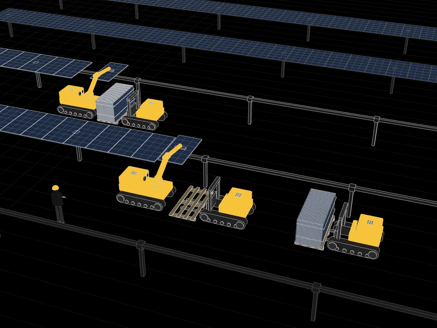 Line drawing of a LUMI Team: Pallet LUMI holding a pallet of upright solar modules beside Install LUMI, which sets a module on the tracker while an operator supervises from a tablet