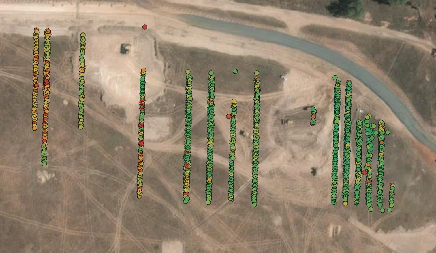 Aerial map of a solar block with every installed solar module plotted as a point, row by row